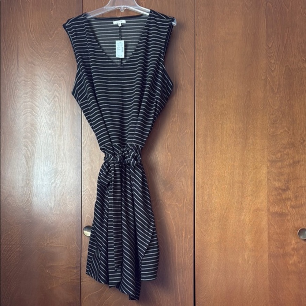 Maurices NWT Striped Black and Cream Dress V Neck, Sleeveless, Self Tie Belt